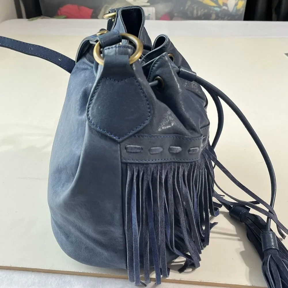 Johnny Was Leather Bucket Bag Womens Small Blue Fringe Boho Crossbody Italy Made